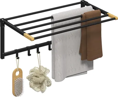 Image de Porte-serviettes - Fixation murale rabattable - 5 barres - 6 crochets - 60 cm - Métal et bambou - Multifonctionnel - Noir