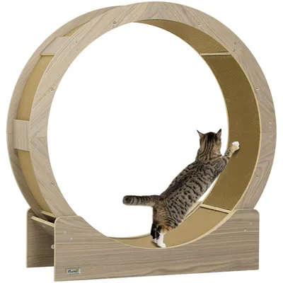 Produktbild von Katzenlaufrad, Laufrad für Katzen, 91 cm, mit Bremse, Kratzmatte, Katzenrad für gesunde Bewegung, Walnuss
