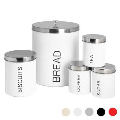 Produktbild von Harbour Housewares 5 Stück Moderne Küche Lagerung Kanister Set - Stahl Tee Kaffee Zucker Caddy mit Gummidichtung - Weiß