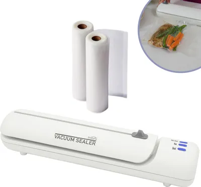Produktbild von Starlyf Vacuum Sealer - Vakuumierer Spar Set, Vakuumiergerät für Lebensmittel, 140 Watt, Rollenbreite 20 cm, inkl. 20 Beutel, 2 Vakuumrollen & Rezepte
