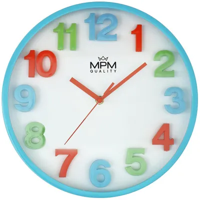 Obrázek produktu pro MPM-Quality A – Nástěnné kulaté hodiny plastové, 3D arabské číslice, modré, průměr 30 cm, quartz strojek