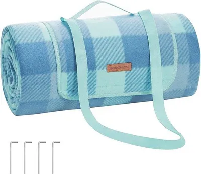 Obrázok produktu pre Uniqoos® pikniková deka, 300 x 200 cm, 3-vrstvová (zamat, pena, hliník), vodoodolná a odolná voči vetru, s 4 kotviacimi kolíkmi, skladacia – veľká deka na kempovanie, pláž a záhradu, zelená a modrá