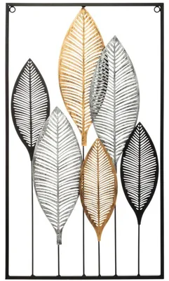 Wanddeko aus Metall, Blätter, schwarz-gold, 37x65 cm