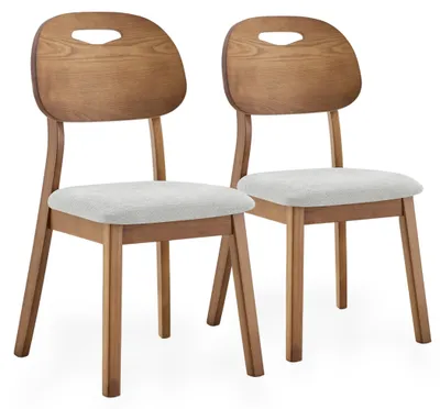 Produktbild von Nordische Massivholz Esszimmerstuehle 2er Set mit Grifflehne, Gebogene Holzlehne, Kunstleder Sitzpolster, Gummibaumholz Gestell, Grau