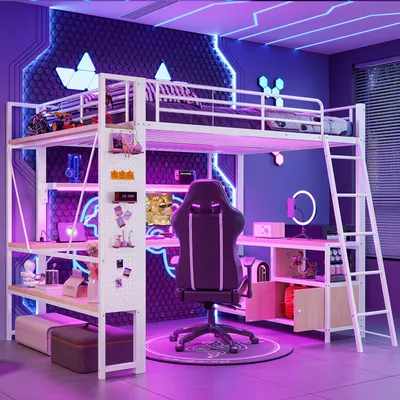 Image de Lit superposé 140 x 200 cm avec bureau, barre lumineuse LED, plusieurs étagères, espace de rangement, panneau perforé et port USB, sans matelas, de couleur blanche, style industriel, en fer et MDF