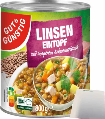 Produktbild von Gut& Linseneintopf mit magerem Schweinefleisch und feinsäuerlich mit Essig abgeschmeckt (800g Dose) + usy Block