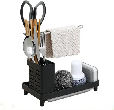 Immagine prodotto di Organizer per lavello da cucina, ripiano per lavello con vaschetta di raccolta, contenitore sotto il lavello, portaspugne, portaspugne, cucine, nero, 14 cm, 22 cm, 25 cm, PP e acciaio inossidabile 304