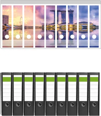 Produktbild von Wallario 9 Stück breite Ordner inkl. Klebeetiketten mit Motive Abenddämmerung in Singapur -  Set mit Rückenschildern / Ordnerrücken Stickern