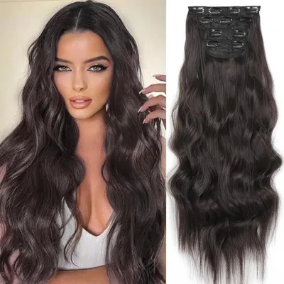 Produktbild von Clip-In Haarverlängerung Dunkelbraun Wellig 24 Zoll 4 Stück Synthetik