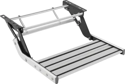 Produktbild von Klappbare Wohnmobil Trittstufe - Aluminiumtritt für Wohnwagen & Camper - 200 kg Tragkraft - rutschfeste Oberfläche - 12V LED Beleuchtung - Silber