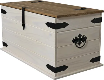 Produktbild von Truhen-Couchtisch 92 x 50 cm Pinienholz weiß honigfarben lasiert MEXICO