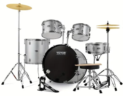 Imagen del producto de Batería – Percusión – Kit de batería – Completo, 5 piezas – Taburete ajustable – Color plateado