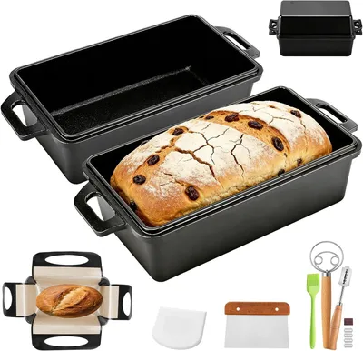Produktbild von Brotbackset aus Gusseisen mit 30cm-Brotbackform, Deckel und Antihaft-Silikonmatten für Brotlaibe und Kastenbrote