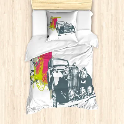 Produktbild von ABAKUHAUS Jahrgang Mantele, Retro Pop Classic Car, Milbensicher Allergiker geeignet mit Kissenbezügen, 135 cm x 200 cm - 80 x 80 cm, Lime Green Schiefer-Blau
