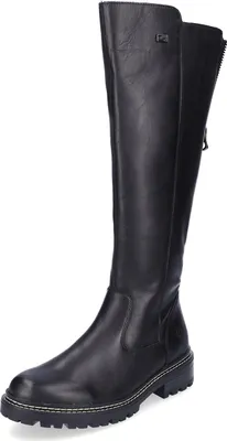 A black leather knee-high boot.