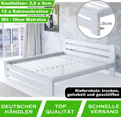 Produktbild von FURNIFY® Bettgestell 120 x 200 cm Einzelbett | Bett aus massivem Kiefernholz: Weiß