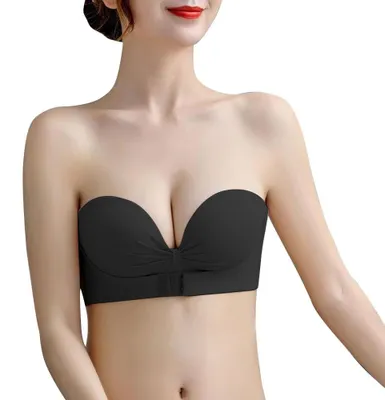 Produktbild von BWOOOWE Trägerloser BH Damen Bandeau ohne Träger Trägerloses Top mit Vorder und Rückenverschluss Nahtloser Bandeau BH Strapless Push Up Bra (Schwarz 38/85AB)