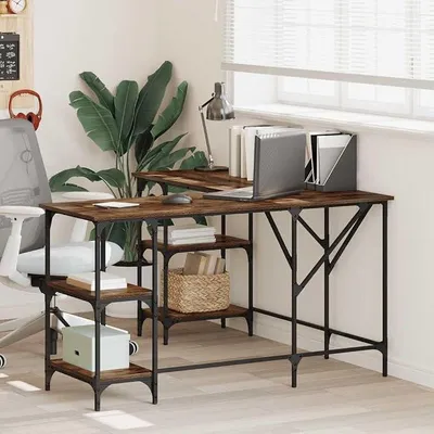 Produktbild von Schreibtisch Räuchereiche 139x139x75 cm, L-Form Eckschreibtisch mit Stauraum, Computer-Bürotisch aus Holzwerkstoff, Metallrahmen, Home Office Desk