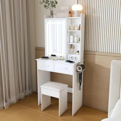 Produktbild von AIORBER Kleiner Schminktisch mit Spiegel LED-Beleuchtung & Steckdose Frisierkommode inkl. Hocker für Schlafzimmer Weiß