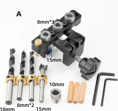 Obrázok produktu pre 3v1 Drevoobrábanie otvory vŕtanie Locator hliníkovej zliatiny Punch polohovadlo Woodpiece Guide Jig s 8-15mm vrtáky deformovateľné stolárstvo DIY nástroj pre dosky spájanie
