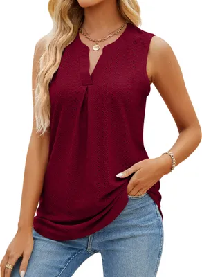 Image de ASKSA T-shirt femme col V sans manches Hauts d'été Slim Blouse, Rouge, XXL