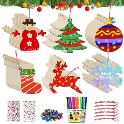 Image de Kit de bricolage de Noël pour enfants, comprenant 48 pièces, avec des pendentifs en bois, des crayons de couleur et des accessoires