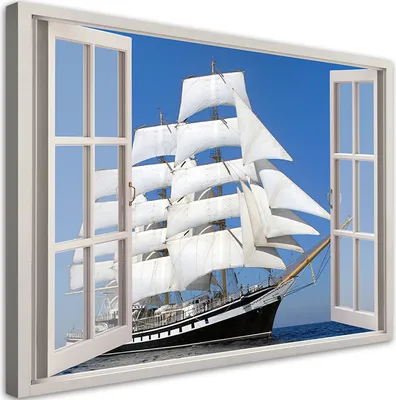 Produktbild von Leinwandbild Blick aus dem Fenster Schiff Meer 60x40 Feeby Blau bild für die wand bereit zum aufhängen