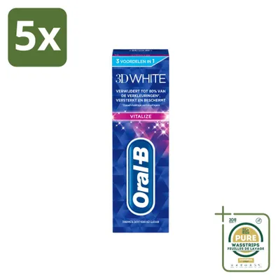 Imagen del producto de 5 unidades de pasta dental blanqueadora Oral-B 3D White Vitalize, 75 ml cada una, pack ahorro