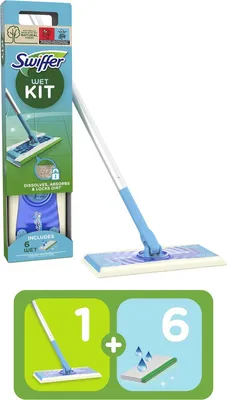 A Swiffer Wet Jet starter kit is displayed against a white background, with packaging and the mop itself visible. A separate graphic below illustrates the contents.