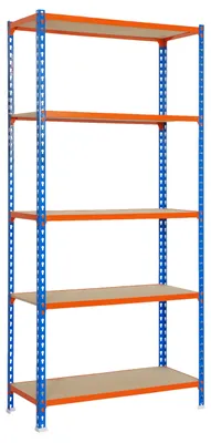 Immagine prodotto di Scaffalatura pesante PROREGAL MULI | HxLxP 180x90x50cm | 5 ripiani | Carico del ripiano 150kg | Blu-arancio | Scaffalatura per magazzini Scaffalatura per cantine Scaffalatura per officine Scaffalatura in metallo Scaffalatura per scaffali Scaffalatura a innesto
