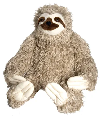 A plush sloth toy is shown sitting against a white background.
