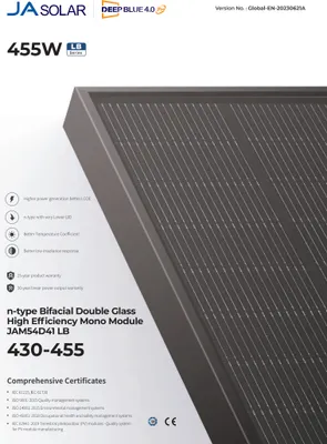 Produktbild von JA SOLAR JAM54D41 Solarmodul 435W N typ Glas Glas full black 1 Palette 36 Stück