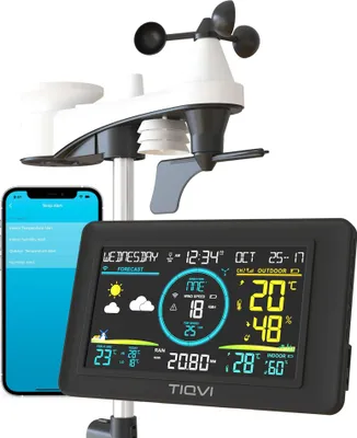 Produktbild von TIQVI - Wetterstation inkl. WiFi, Regenmesser & Windmesser, Solarstrahlungsmesseinheit, Farbdisplay, drahtlose Außensensoren, Temperatur & Luftfeuchtigkeit, Smart App, Uhr & Alarm