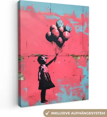 Produktbild von Wanddeko 60x80 cm - Banksy - Mädchen - Luftballon - Rosa - Blau - Straßenkunst, Wandbilder, Wanddeko Wohnzimmer