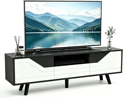 Imagen del producto de Mueble de TV con 2 puertas y 1 cajón, 140 cm de largo, mueble para televisores de hasta 60 pulgadas, mueble de TV de pie con orificio para cables, mesa de TV para sala de estar, color /blanco