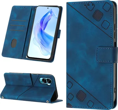 Produktbild von Hülle für Honor 90 Lite Prägung Flip Leder Brieftasche Schutzhülle mit Ständer Blau
