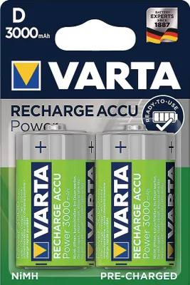 Produktbild von Varta NiMH Akku Mono (D/HR20), 2 Stück, RECHARGE Power, Ready to Use, kein Memory-Effekt, sehr geringe Selbstentladung, bis zu 1000x wiederaufladbar, 75% Restladung nach 12 Monaten Lagerung, für energieintensive Geräte, kompatibel mit gängigen Ladegeräten.