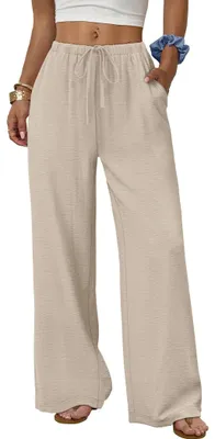 Produktbild von ASKSA Damen Hosen Sommer Weite Hohe Taille Bein Baggy Einfarbig Elegante Lose Flowy Leicht Sommerhose mit Taschen (Aprikose,L)