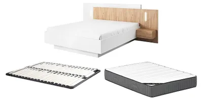 Produktbild von Bett mit Nachttischen 160 x 200 cm - 2 Schubladen - Mit LEDs - Weiß und Natur + Lattenrost + Matratze - FRANCOLI