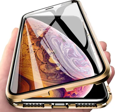 Image de coque iPhone XS Max, coque en verre trempé avec adsorption magnétique, cadre en métal, coque de protection complète pour iPhone XS Max Or