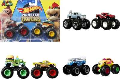 A collage of Hot Wheels Monster Trucks, some in packaging and some displayed individually.