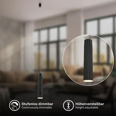 Immagine prodotto di Briloner Lampada a sospensione a batteria regolabile in altezza Ø4,5x20,5 cm 3,5W 280lm 3000 K bianco caldo dimmerabile nero - Lampadario sala da pranzo cucina soggiorno