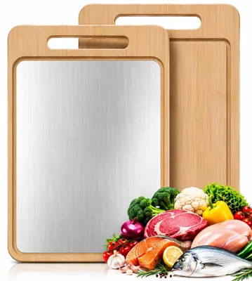 Productafbeelding van Omgoods - Dubbelzijdige Snijplank van Roestvrij Staal en Bamboe - Hygiënisch 39 x 28 cm