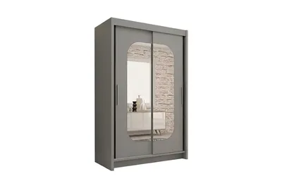 Produktbild von Schiebetürenschrank 150 cm Grau mit Spiegeln, Kleiderschrank mit 2 Spiegeltüren und schwarzen Glaselementen, Lieferung bis in die Wohnung
