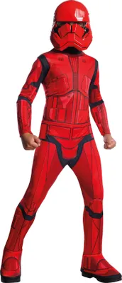 A child wearing a red Sith Trooper costume from Star Wars.