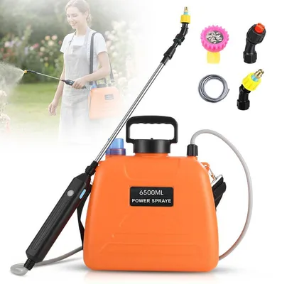 Produktbild von 6,5 L Orange Akku Drucksprüher, Elektrische Gartenspritze mit 2500 mAh Akku, Pflanzensprüher mit Wasserstandsanzeige, Drucksprühgerät für Garten, Pflanzen, Rasen und Reinigung