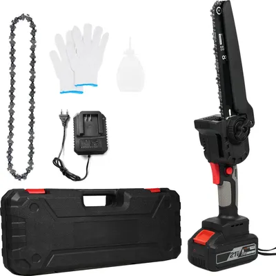 Produktbild von Mini-Kettensaege, kabellos, 8 Zoll, tragbare elektrische Handkettensaege mit 2 Batterien, 2 Ketten, 21 V, batteriebetrieben mit Sicherheitsverriegelung zum Baumtrimmen, aesten und Holzschneiden