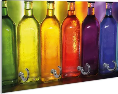 Produktbild von Wallario Schlüsselbrett aus Glas, Motiv: Bunte Flaschen im Regal, 30 x 20 cm mit 4 Haken