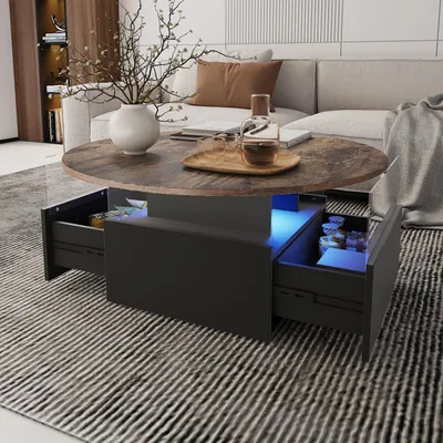 Produktbild von Radelldar Wohnzimmertisch Beistelltisch rund mit 2 Schubladen LED-Beleuchtung, Schwarz+Braun