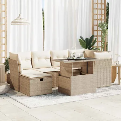 Produktbild von 7-tlg. Garten-Sofagarnitur mit Kissen Beige Poly Rattan
